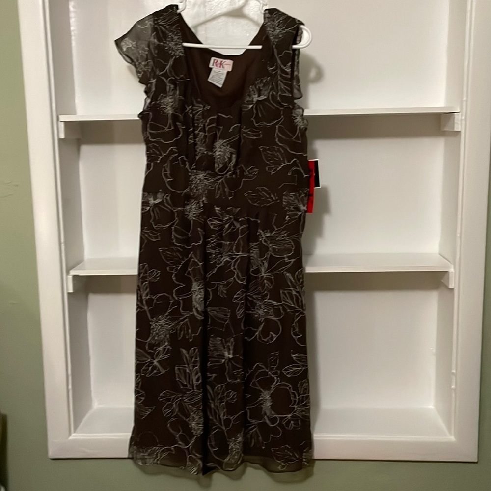 R&K Originals Lined Sheer Brown Hibiscus Floral Cap Sleeve, side zipper, tieback